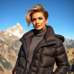 A sexy Russian woman aged 45-50 with a trendy and fashionable hairstyle, wearing a stylish puffer jacket that adds warmth and flair to her appearance