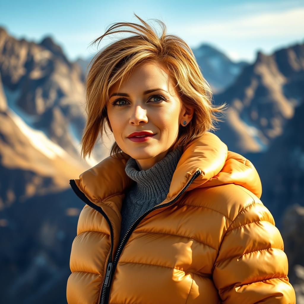 A sexy Russian woman aged 45-50 with a trendy and fashionable hairstyle, wearing a stylish puffer jacket that adds warmth and flair to her appearance
