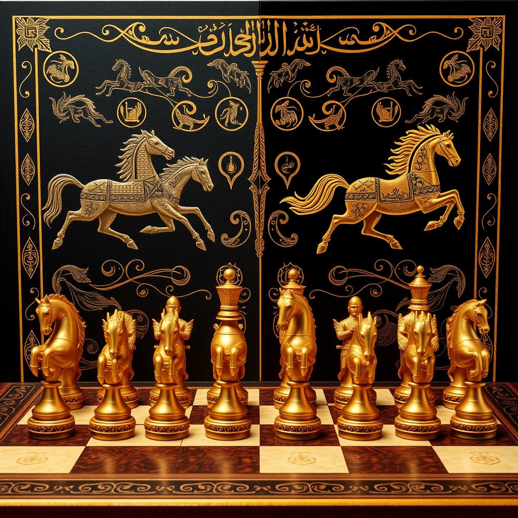 A beautifully designed chessboard inspired by Surat Al-Adiyat, reflecting themes of force, wars, and horses