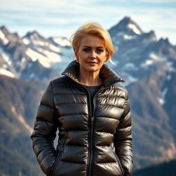 A sexy Russian woman aged 45-50 with a stylish and modern hairstyle, dressed in a fashionable puffer jacket that reflects both warmth and elegance
