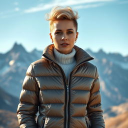 A sexy Russian woman aged 45-50 with a stylish and modern hairstyle, dressed in a fashionable puffer jacket that reflects both warmth and elegance