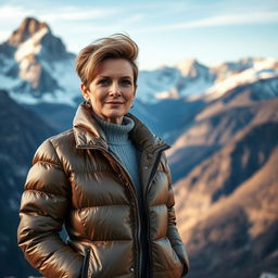 A sexy Russian woman aged 45-50 with a stylish and modern hairstyle, dressed in a fashionable puffer jacket that reflects both warmth and elegance