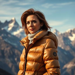 A sexy Russian woman aged 45-50 with a stylish and modern hairstyle, dressed in a fashionable puffer jacket that reflects both warmth and elegance
