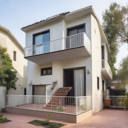 A two-story house with the first floor covered by a large sheet and a balcony on the second floor.