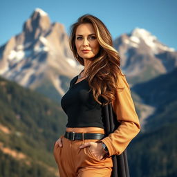 A sexy Russian woman aged 45-50 with long, fashionable hair styled elegantly, wearing stylish contemporary clothing that reflects her vibrant personality