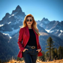 A sexy Russian woman aged 45-50 with long, fashionable hair styled elegantly, wearing stylish contemporary clothing that reflects her vibrant personality