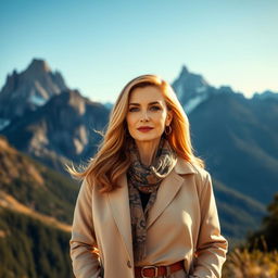 A sexy Russian woman aged 45-50 with long, fashionable hair styled elegantly, wearing stylish contemporary clothing that reflects her vibrant personality
