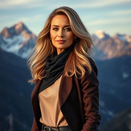 A sexy Russian woman aged 45-50 with long, flowing, stylish hair, showcasing a modern and fashionable hairstyle