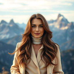 A sexy Russian woman aged 45-50 with long, flowing, stylish hair, showcasing a modern and fashionable hairstyle