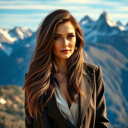 A sexy Russian woman aged 45-50 with long, stylishly flowing hair, showcasing a trendy and fashionable hairstyle