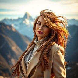 A sexy Russian woman aged 45-50 with long, stylishly flowing hair, showcasing a trendy and fashionable hairstyle