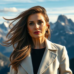 A sexy Russian woman aged 45-50 with long, stylishly flowing hair, showcasing a trendy and fashionable hairstyle