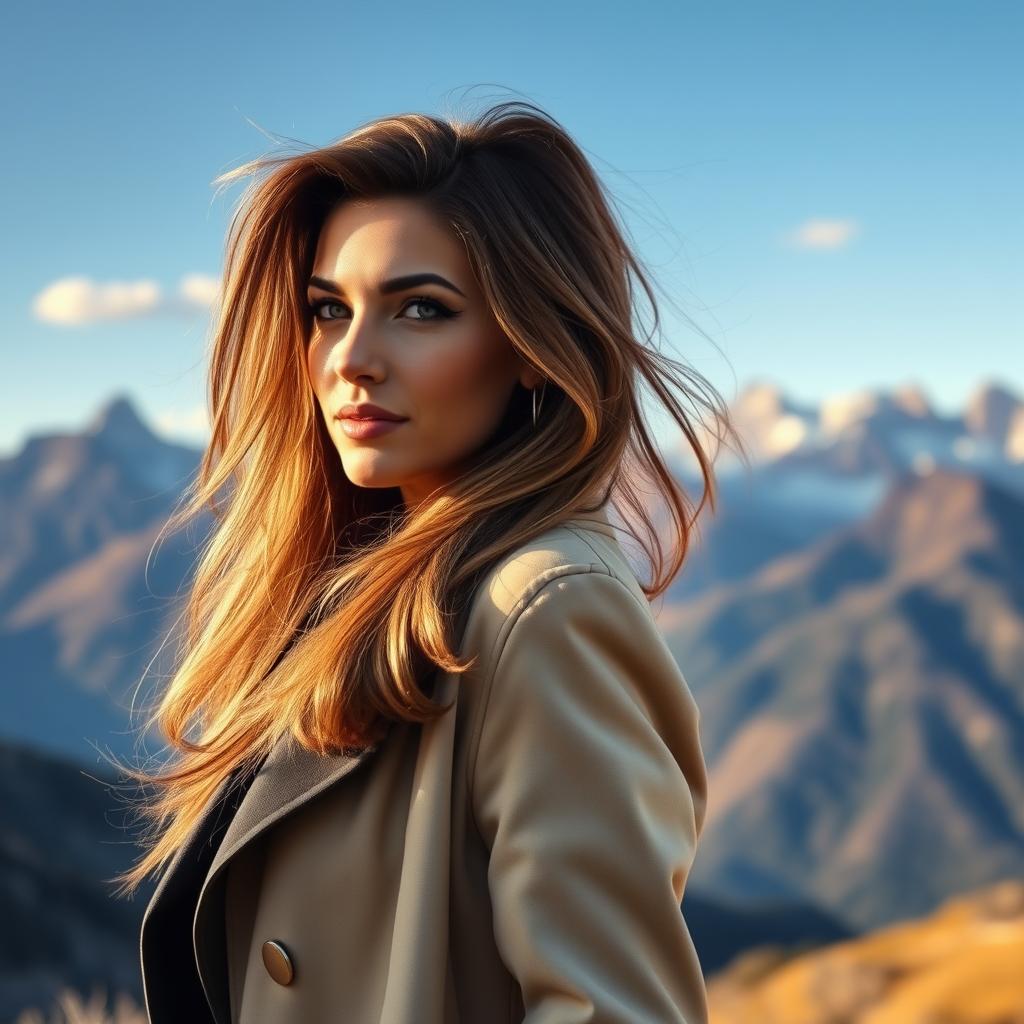 A sexy Russian woman aged 45-50 with long, stylishly flowing hair, showcasing a trendy and fashionable hairstyle