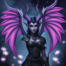 A female tiefling character with stunning horns, vibrant skin, and large, majestic wings