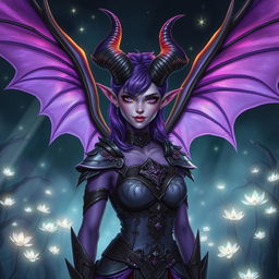 A female tiefling character with stunning horns, vibrant skin, and large, majestic wings