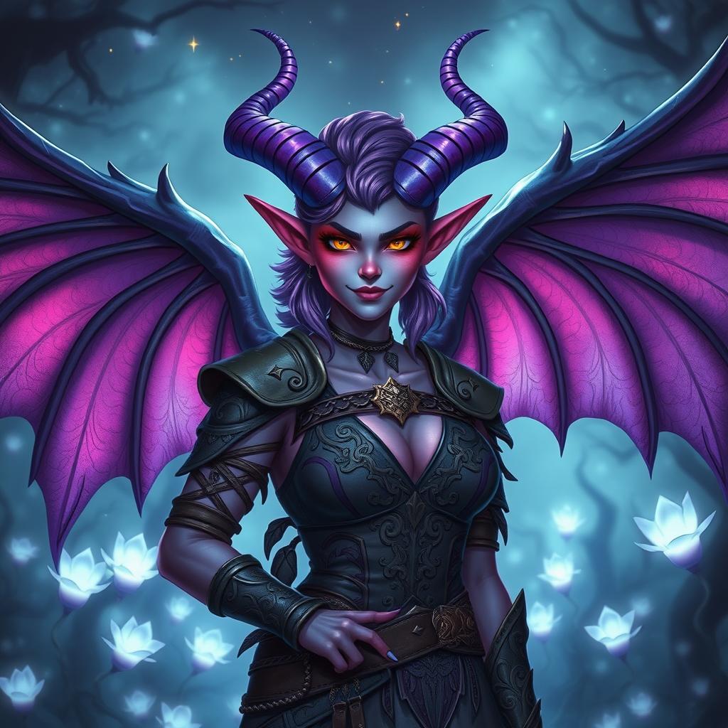 A female tiefling character with stunning horns, vibrant skin, and large, majestic wings