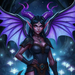 A female tiefling character with stunning horns, vibrant skin, and large, majestic wings