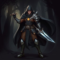 A dynamic and intriguing character design of a human rogue paladin, combining elements of stealth and heroism