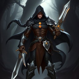 A dynamic and intriguing character design of a human rogue paladin, combining elements of stealth and heroism