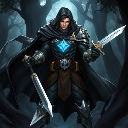 A dynamic and intriguing character design of a human rogue paladin, combining elements of stealth and heroism