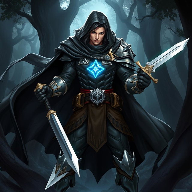 A dynamic and intriguing character design of a human rogue paladin, combining elements of stealth and heroism