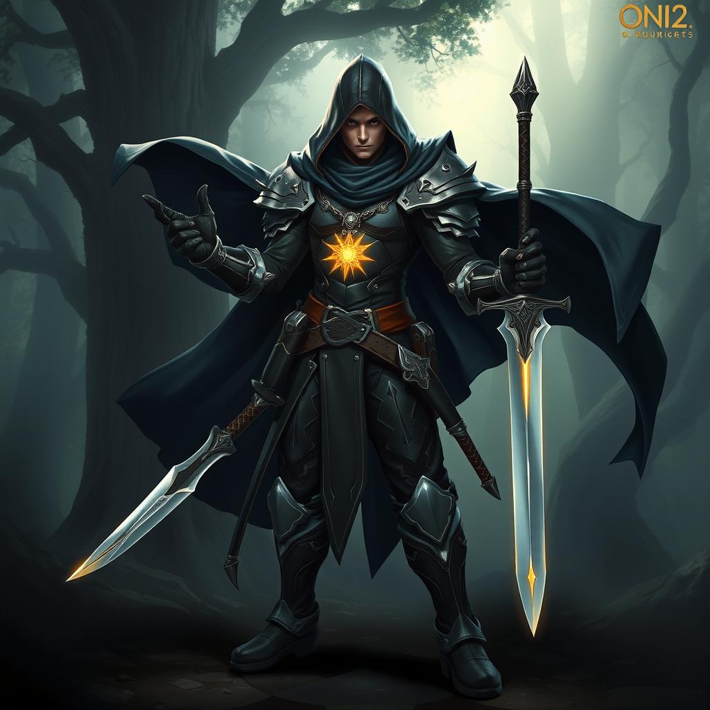 A dynamic and intriguing character design of a human rogue paladin, combining elements of stealth and heroism
