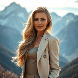 A sexy Russian woman aged 45-50 with long, elegantly styled hair, showcasing a fashionable and modern hairstyle