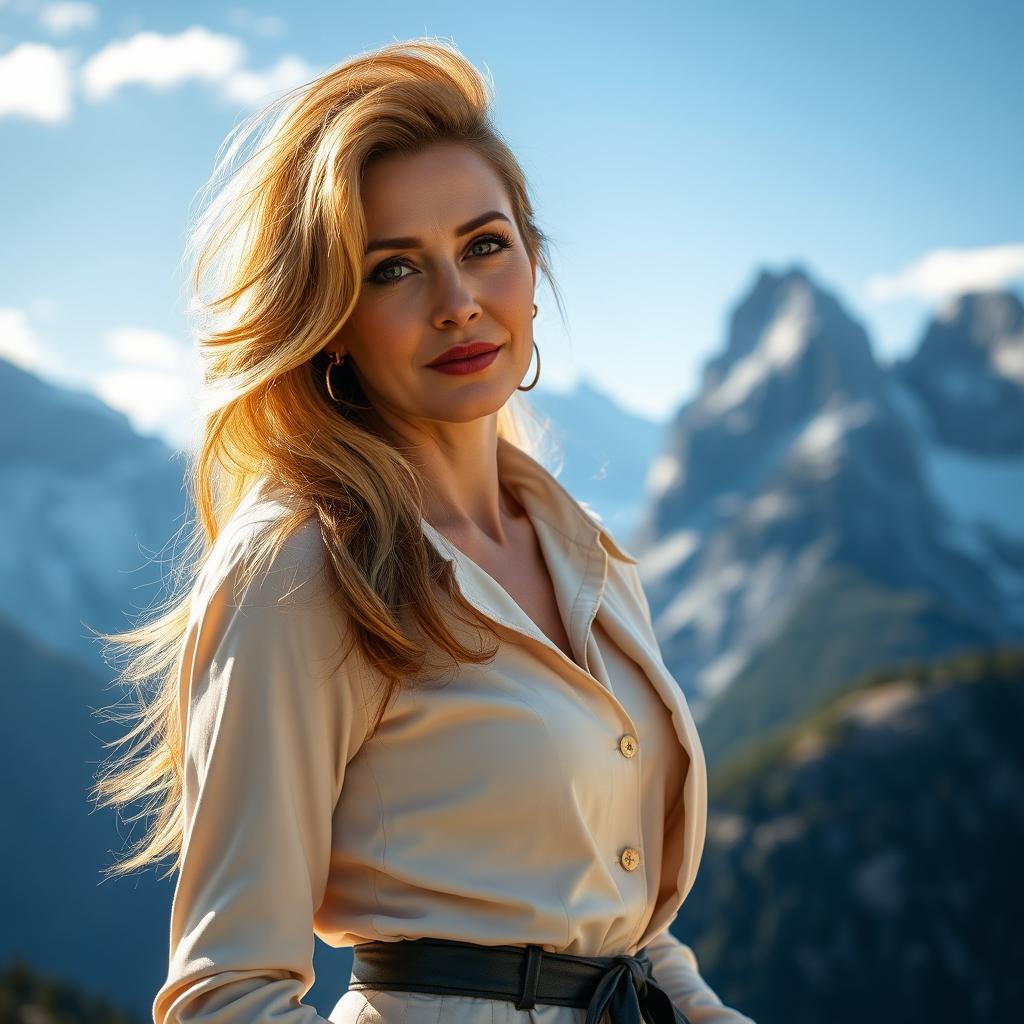 A sexy Russian woman aged 45-50 with long, elegantly styled hair, showcasing a fashionable and modern hairstyle