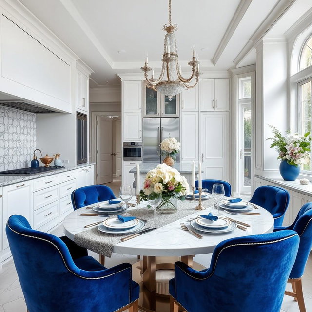 A luxurious modern kitchen dining area featuring sleek white cabinetry, elegant silver accents, and rich blue details