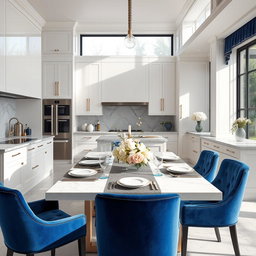 A luxurious modern kitchen dining area featuring sleek white cabinetry, elegant silver accents, and rich blue details