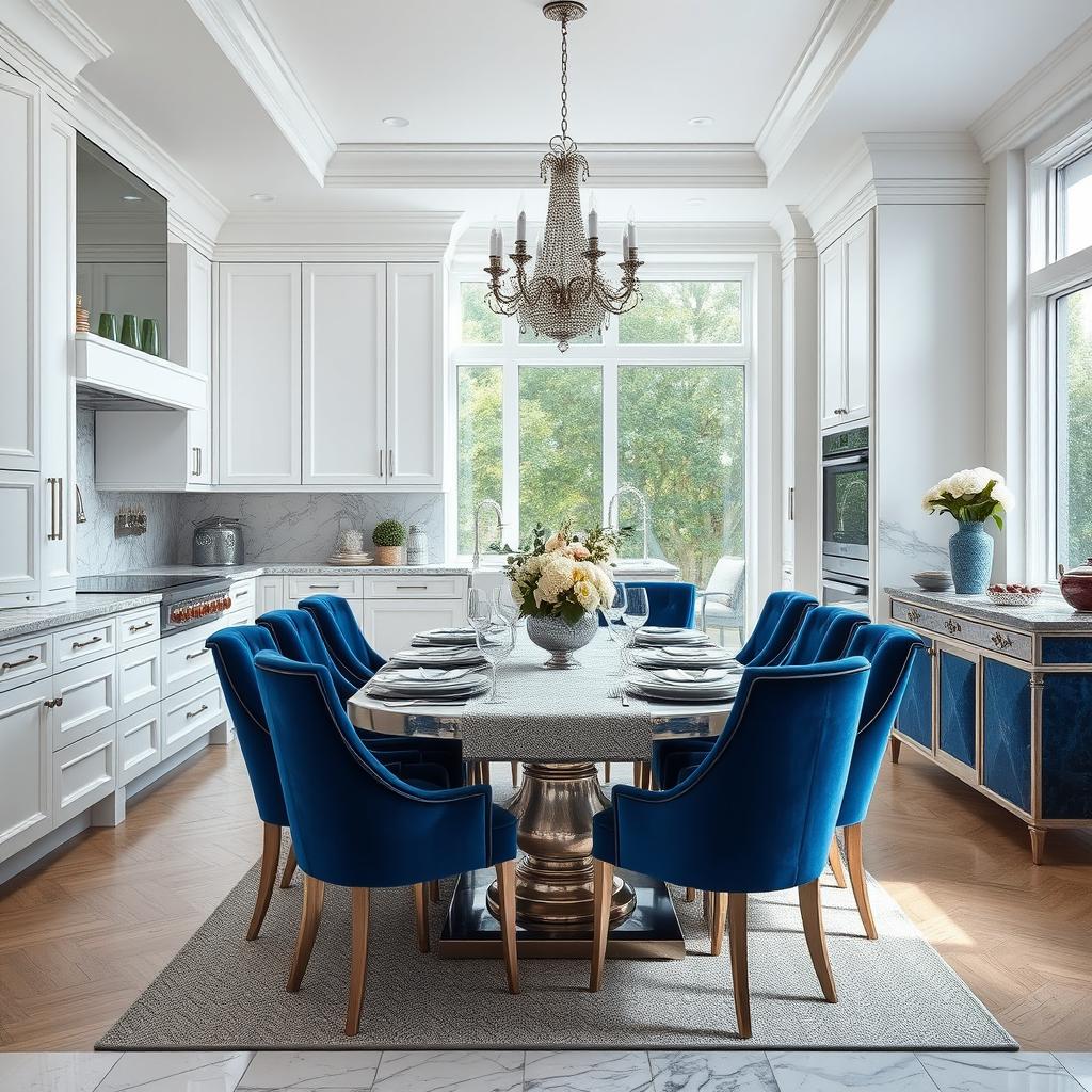 A luxurious modern kitchen dining area featuring sleek white cabinetry, elegant silver accents, and rich blue details