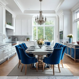 A luxurious modern kitchen dining area featuring sleek white cabinetry, elegant silver accents, and rich blue details