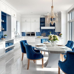 A luxurious modern kitchen dining area featuring sleek white cabinetry, elegant silver accents, and rich blue details