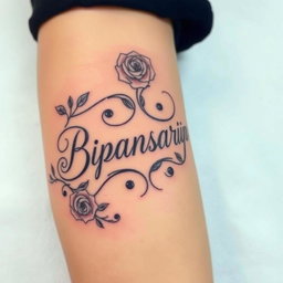 A beautifully designed tattoo featuring the name 'Bipsansabrijana', artistically rendered in an elegant script