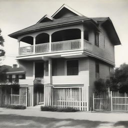 A two-story house with the first floor covered by a large sheet and a balcony on the second floor.