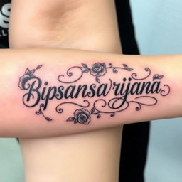 A beautifully designed tattoo featuring the name 'Bipsansabrijana', artistically rendered in an elegant script