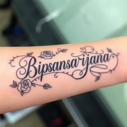 A beautifully designed tattoo featuring the name 'Bipsansabrijana', artistically rendered in an elegant script