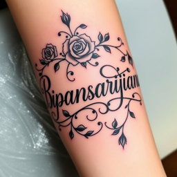 A beautifully designed tattoo featuring the name 'Bipsansabrijana', artistically rendered in an elegant script
