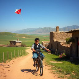 A lively scene of a teenage boy playing in a picturesque village in Iran