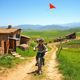 A lively scene of a teenage boy playing in a picturesque village in Iran