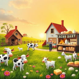 A whimsical dairy-themed scene featuring a quaint farmhouse in a lush green field