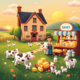 A whimsical dairy-themed scene featuring a quaint farmhouse in a lush green field