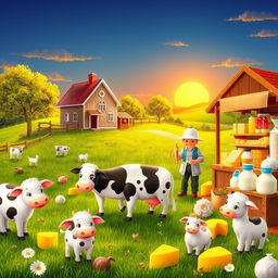 A whimsical dairy-themed scene featuring a quaint farmhouse in a lush green field
