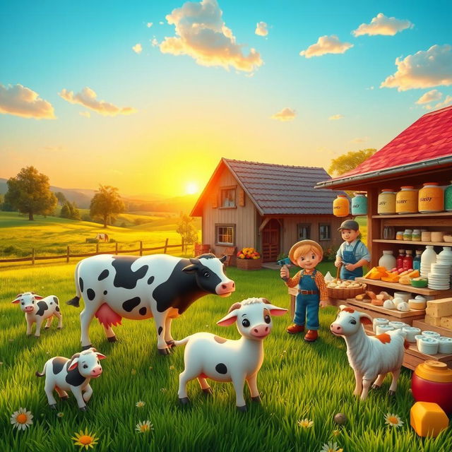 A whimsical dairy-themed scene featuring a quaint farmhouse in a lush green field