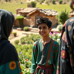 A playful scene featuring a witty teenage boy in a charming village in Iran