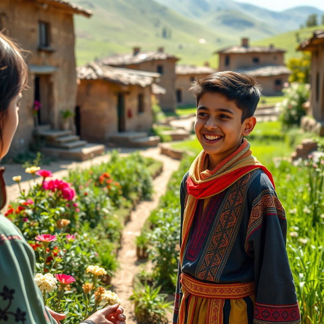 A playful scene featuring a witty teenage boy in a charming village in Iran