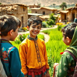 A playful scene featuring a witty teenage boy in a charming village in Iran