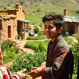 A playful scene featuring a witty teenage boy in a charming village in Iran