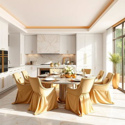 A luxurious modern kitchen dining area featuring sleek white cabinetry, elegant gold accents, and rich textures