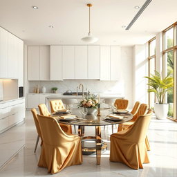 A luxurious modern kitchen dining area featuring sleek white cabinetry, elegant gold accents, and rich textures